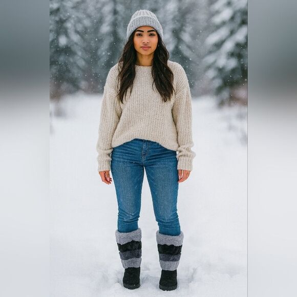 London Fog Chilly Faux Fur Mid Calf Boots 9.5 Black & Gray Snow Winter Fuzzy - Picture 1 of 13